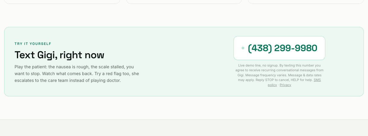 The getgigi.ai website call-to-action advertising the demo SMS line, including consent language: by texting this number you agree to receive recurring conversational messages from Gigi; message frequency varies; message and data rates may apply; reply STOP to cancel, HELP for help.